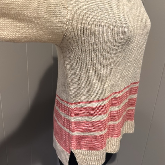 Margaret O’Leary 100% linen ivory red stripe crewneck long sleeve sweater. Small - Picture 2 of 5